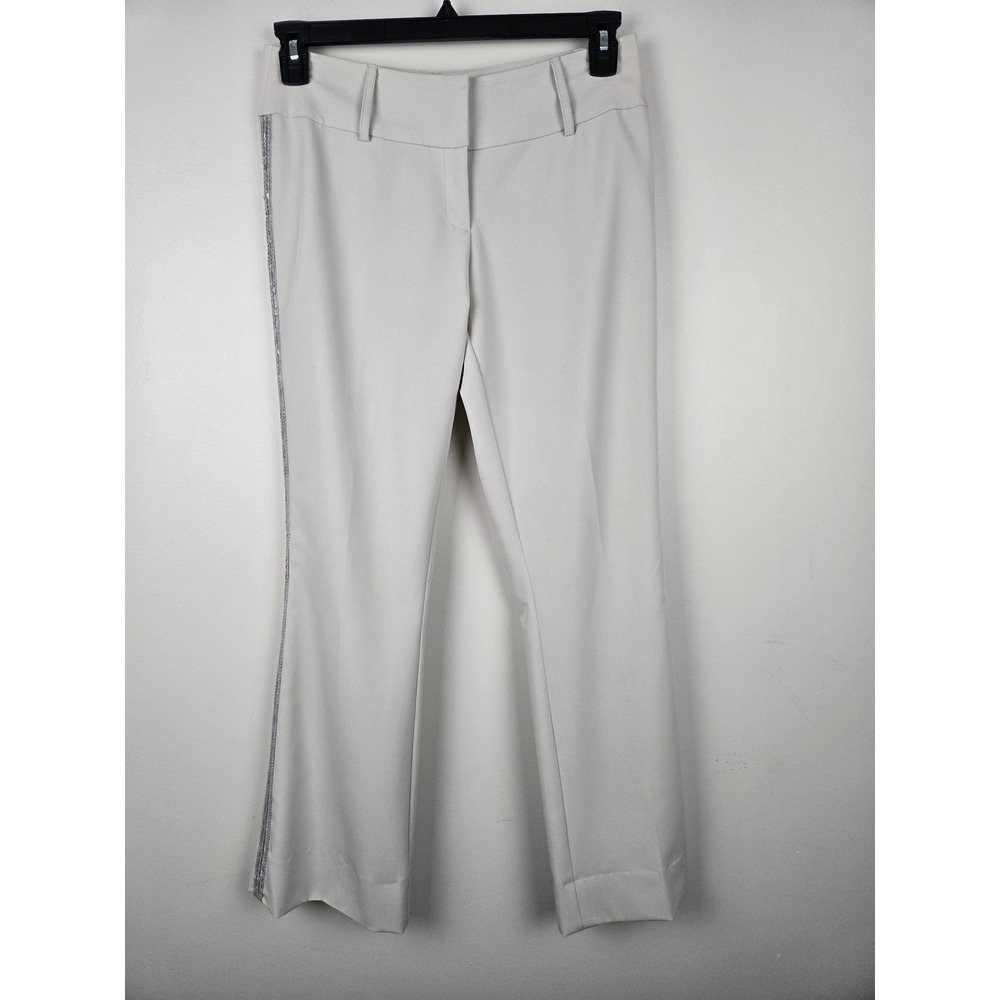 Cache Women‎ Beige Sequin Tuxedo Stripe Dress Pants Size 4 Bootcut Mid Rise USA